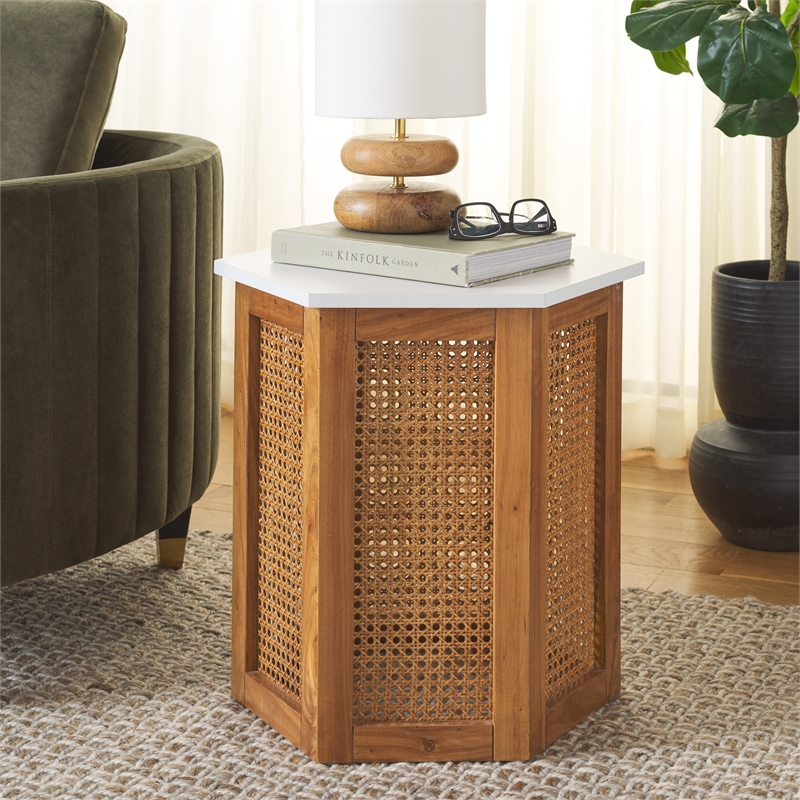 Safavieh Danez Hexagon Wood Cane Accent Table in White / Natural