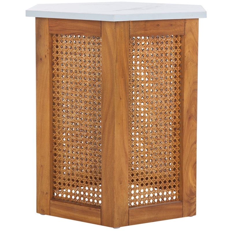 Safavieh Danez Hexagon Wood Cane Accent Table in White / Natural