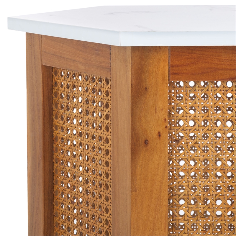 Safavieh Danez Hexagon Wood Cane Accent Table in White / Natural