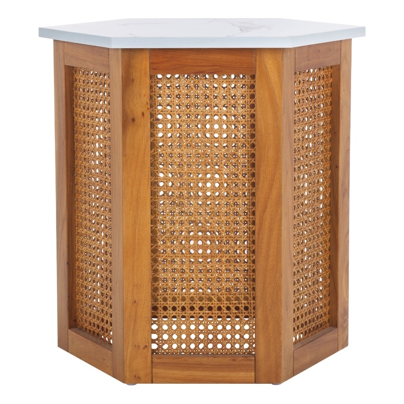 Safavieh Danez Hexagon Wood Cane Accent Table in White / Natural