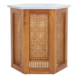 Safavieh Danez Hexagon Wood Cane Accent Table in White / Natural