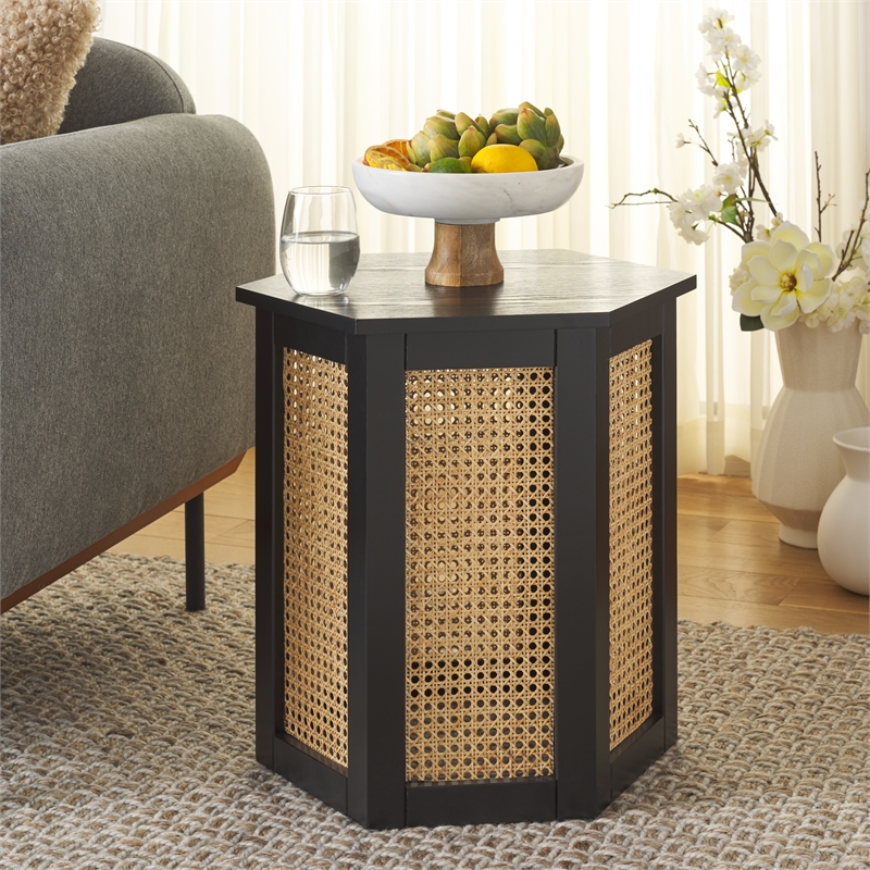 Safavieh Danez Hexagon Wood Cane Accent Table in Black / Natural