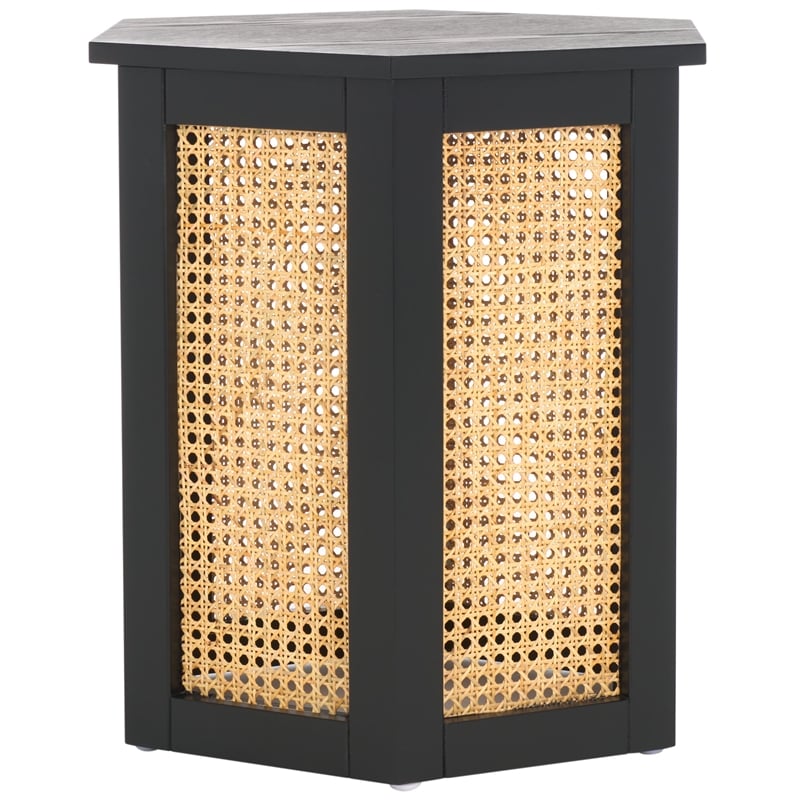 Safavieh Danez Hexagon Wood Cane Accent Table in Black / Natural