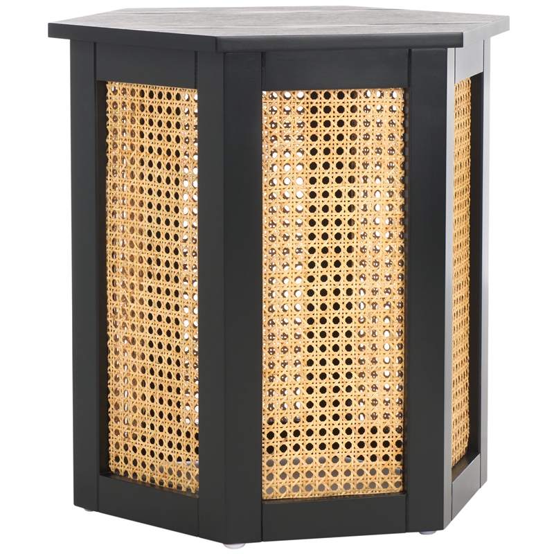 Safavieh Danez Hexagon Wood Cane Accent Table in Black / Natural