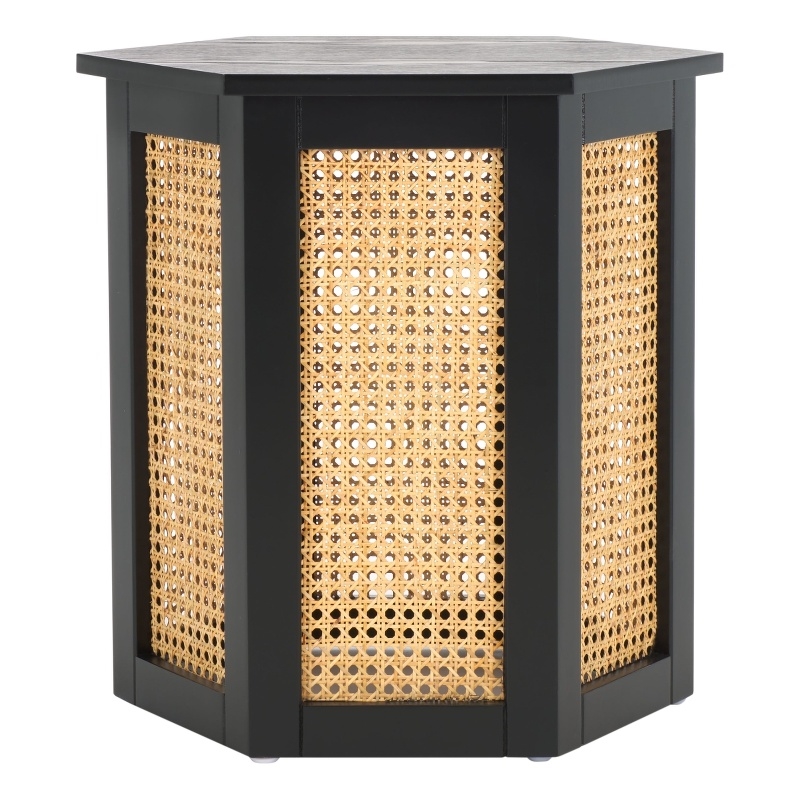 Safavieh Danez Hexagon Wood Cane Accent Table in Black / Natural