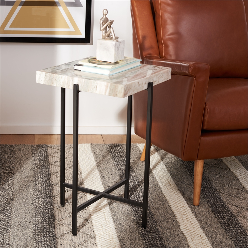 Safavieh Tenzin Iron and Stone Top Accent Table in Gray / Black