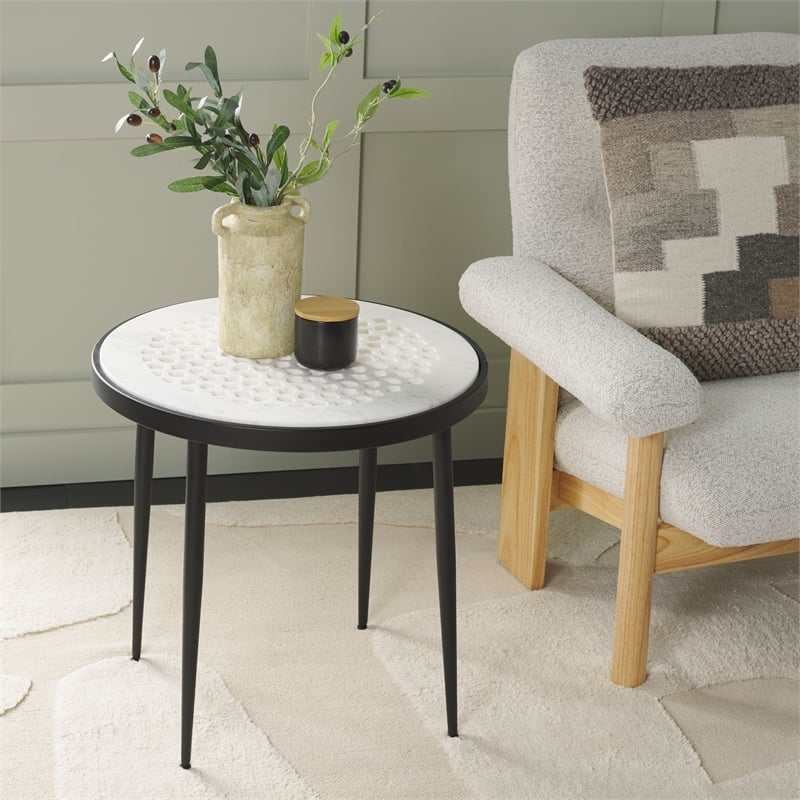 Safavieh Elly Marble and Iron Cnc Side Table in White / Marble / Black