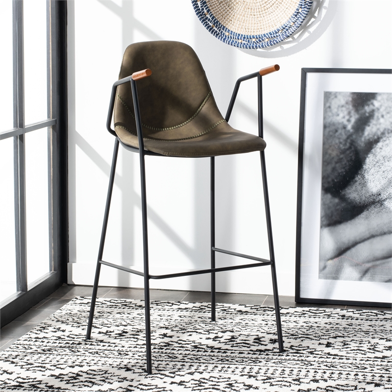 Safavieh Tanner Wood and Metal Mid Century Barstool in Olive / Black