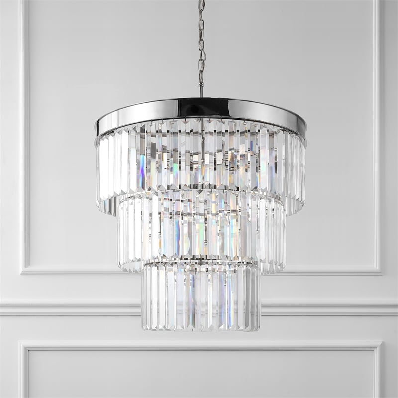 Safavieh Coulette Iron 3 Tier Crystal Chandelier in Nickel
