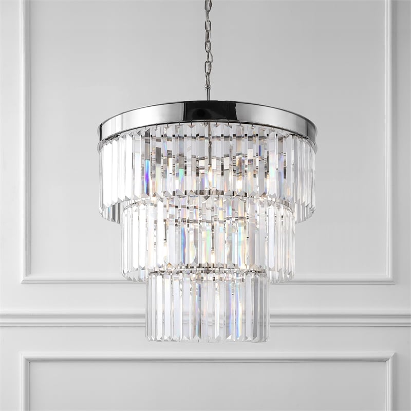 Safavieh Coulette Iron 3 Tier Crystal Chandelier in Nickel