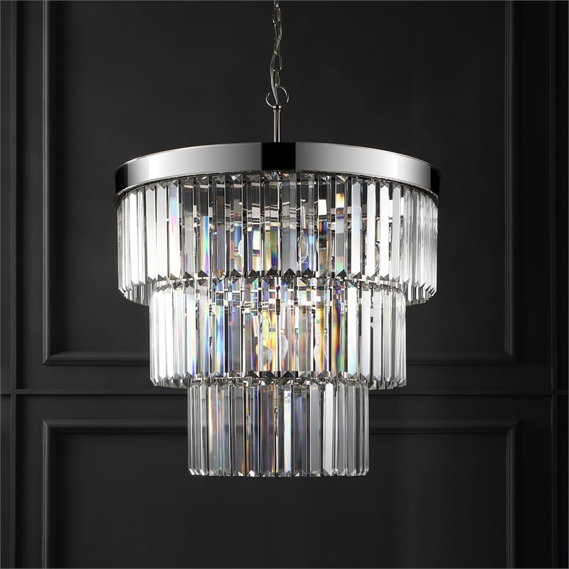 Safavieh Coulette Iron 3 Tier Crystal Chandelier in Nickel