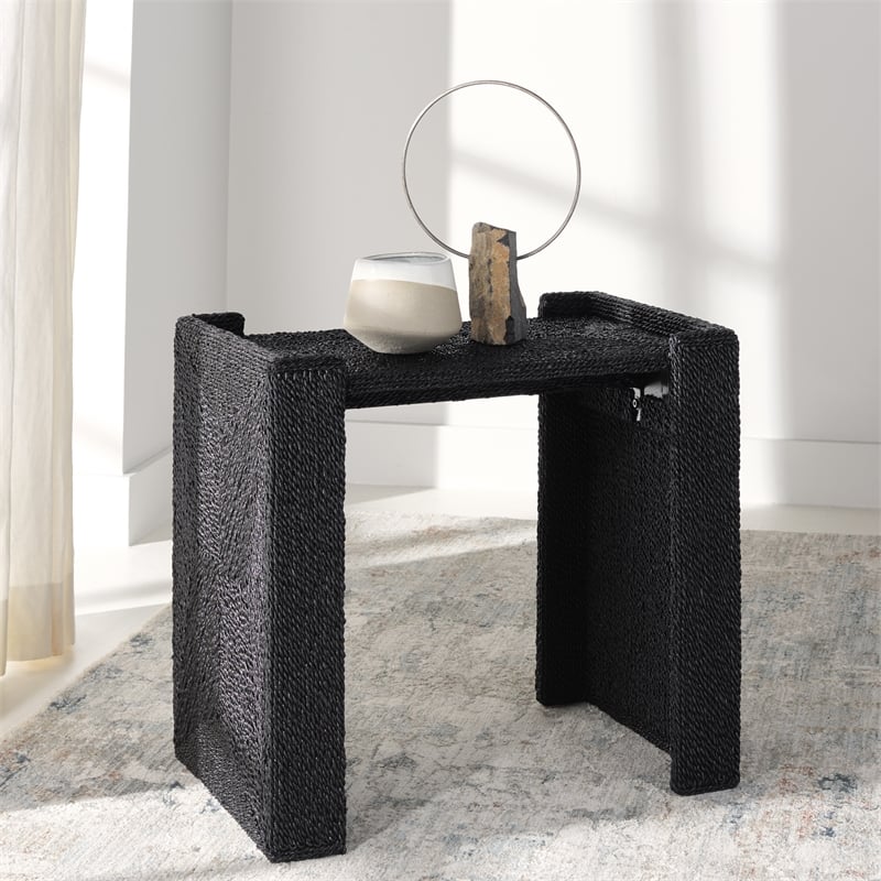 Safavieh Wynima Wood and Metal Sea Grass Accent Table in Black