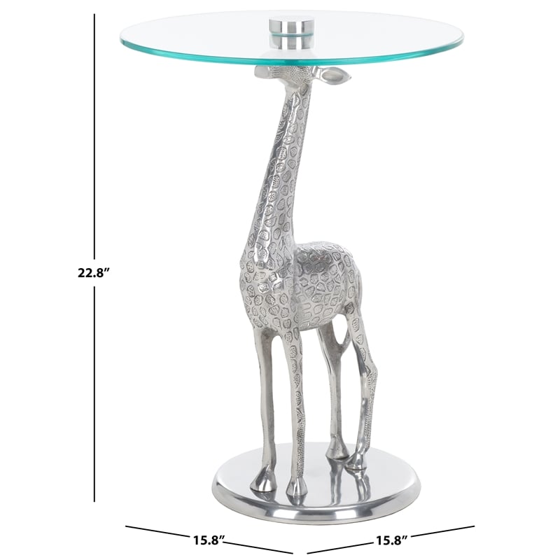Safavieh Gillard Aluminum and Glass Giraffe Base Accent Table in Silver / Glass