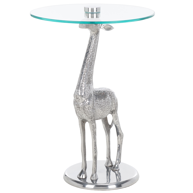 Safavieh Gillard Aluminum and Glass Giraffe Base Accent Table in Silver / Glass