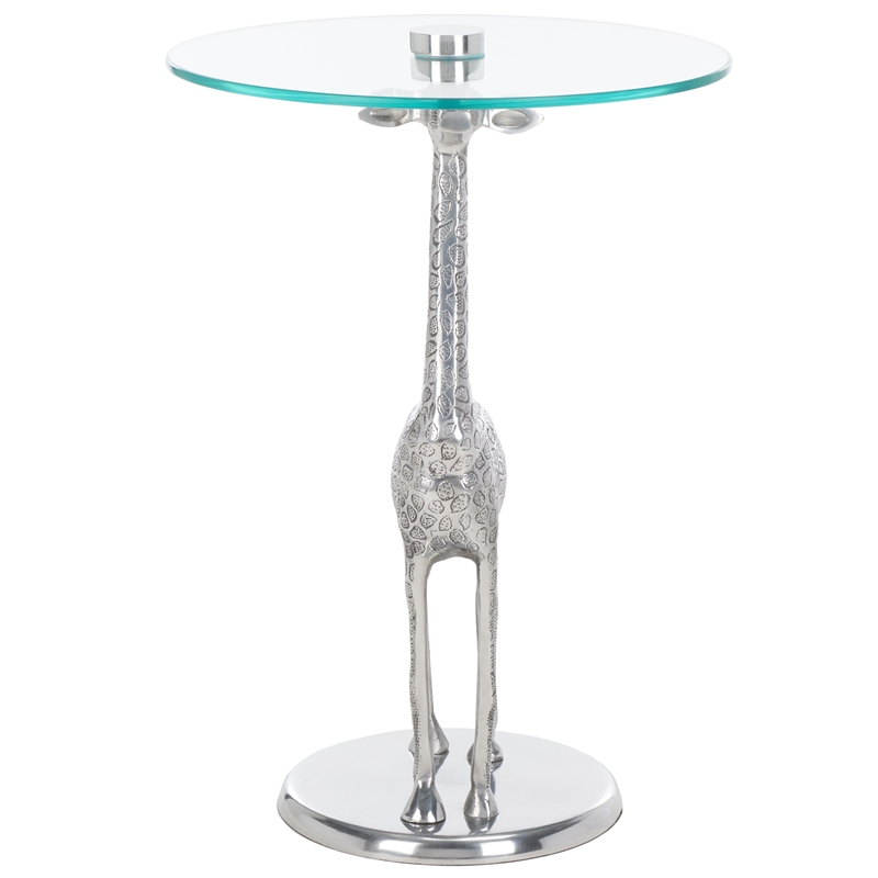 Safavieh Gillard Aluminum and Glass Giraffe Base Accent Table in Silver / Glass