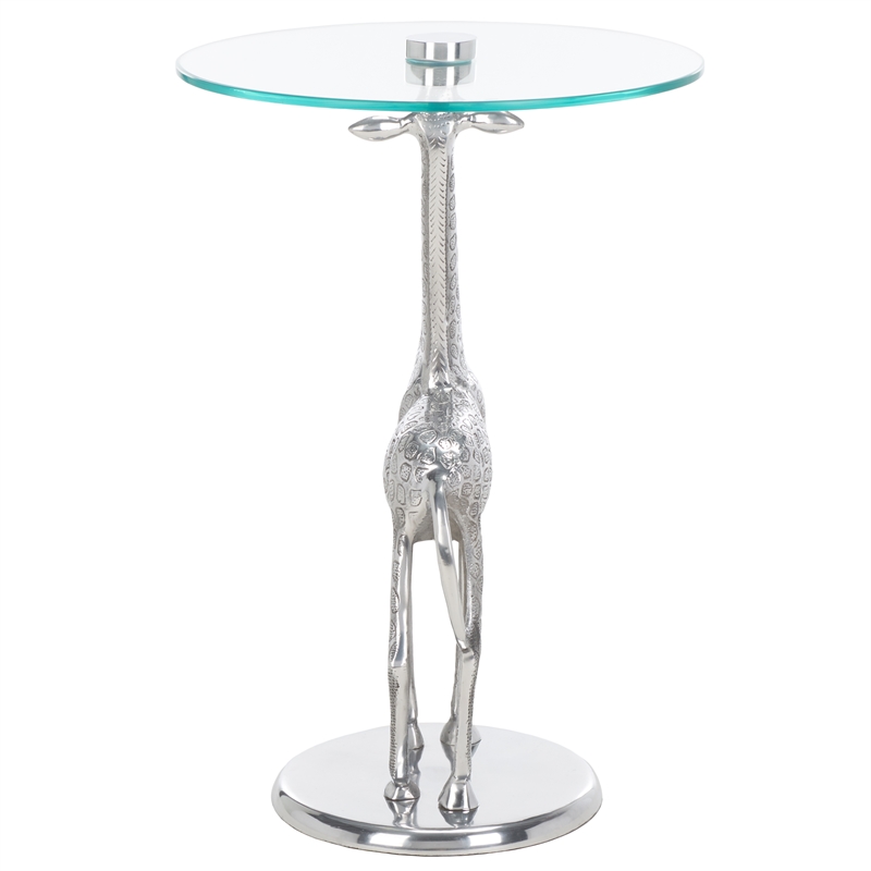 Safavieh Gillard Aluminum and Glass Giraffe Base Accent Table in Silver / Glass