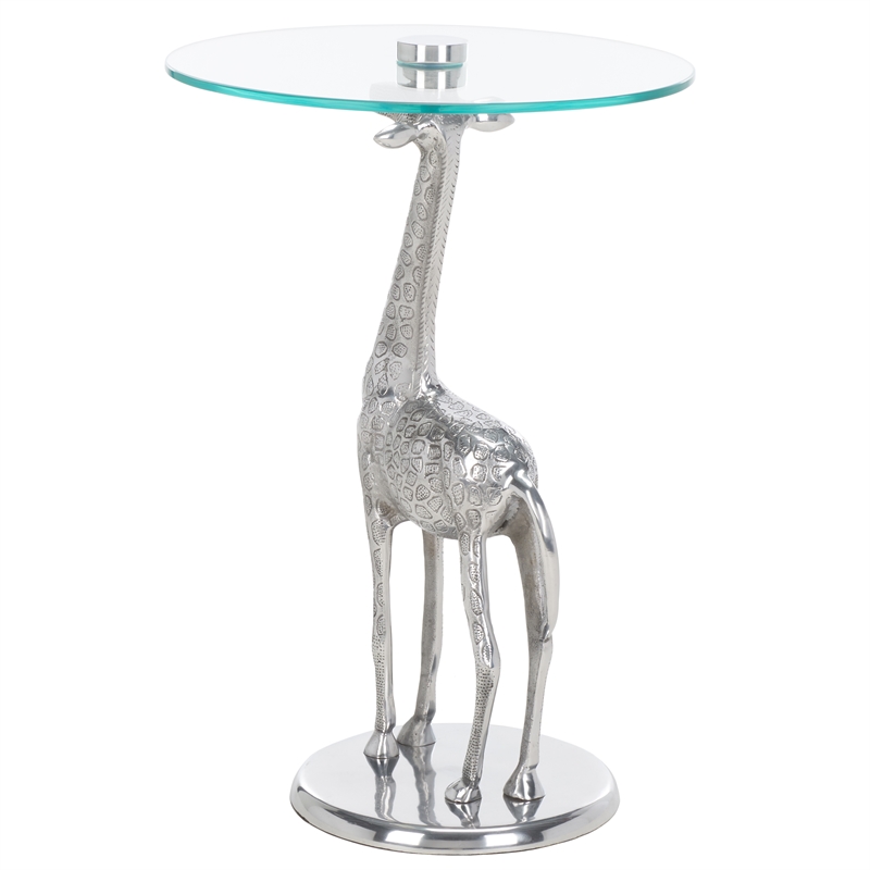 Safavieh Gillard Aluminum and Glass Giraffe Base Accent Table in Silver / Glass