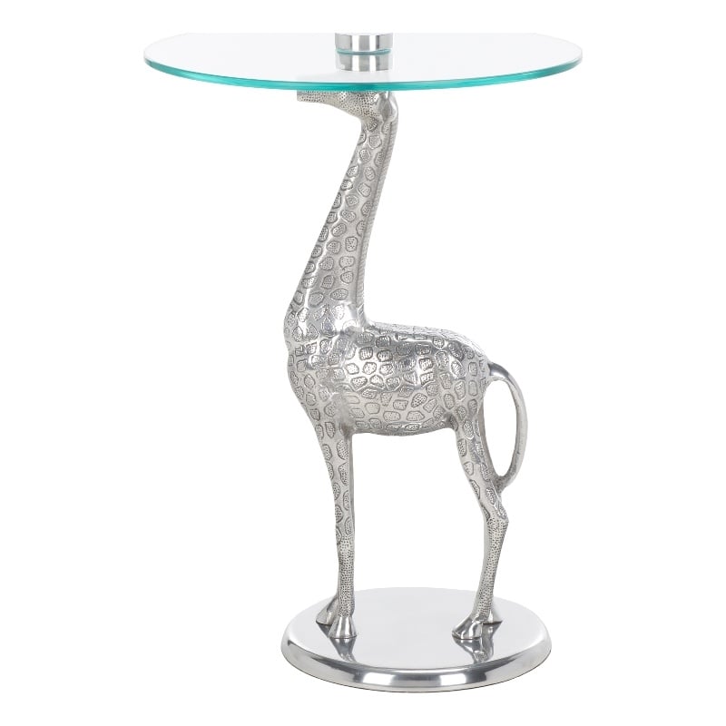 Safavieh Gillard Aluminum and Glass Giraffe Base Accent Table in Silver / Glass