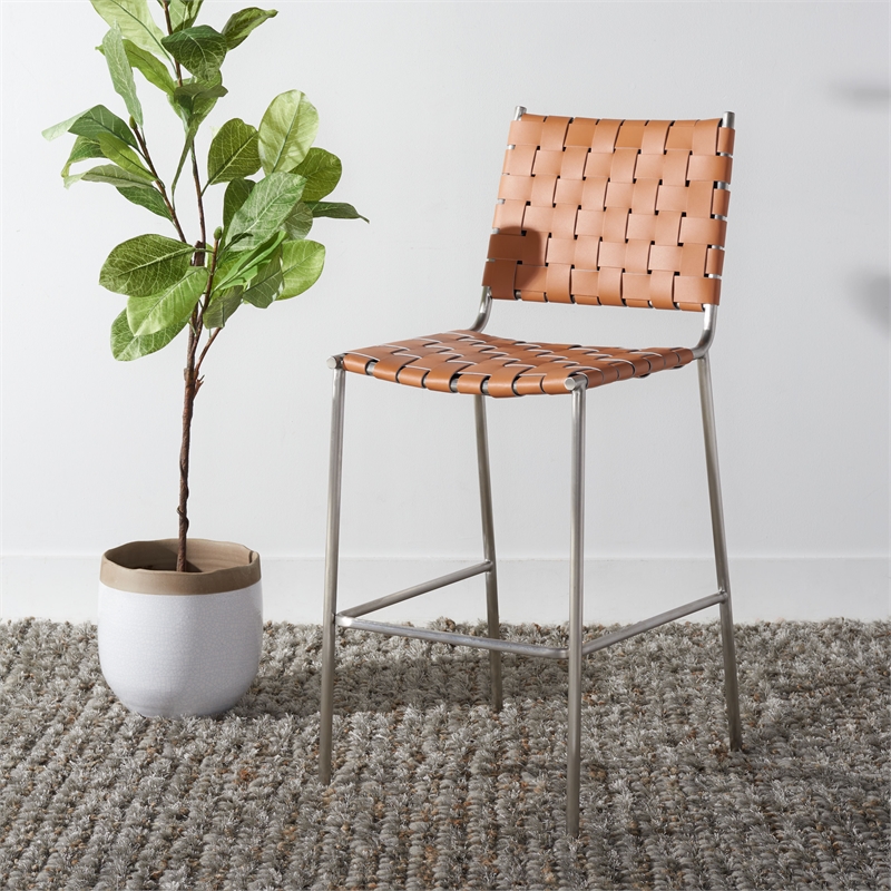 Safavieh Bahari Leather and Metal Woven Counter Stool  in Amber / Silver