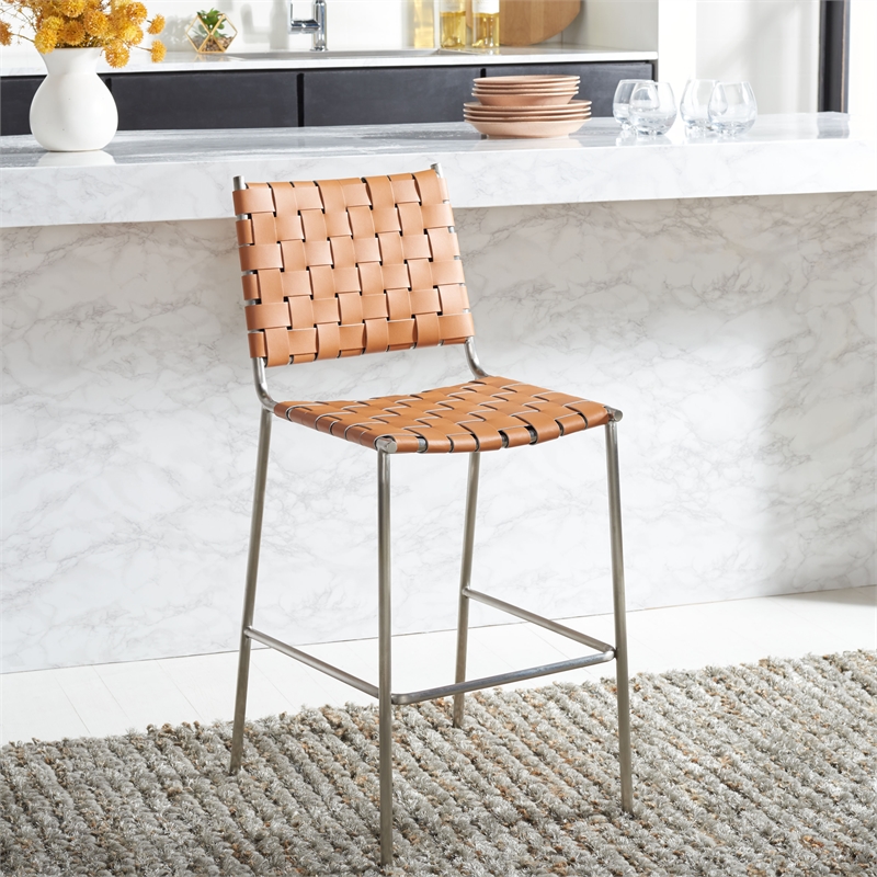 Safavieh Bahari Leather and Metal Woven Counter Stool  in Amber / Silver