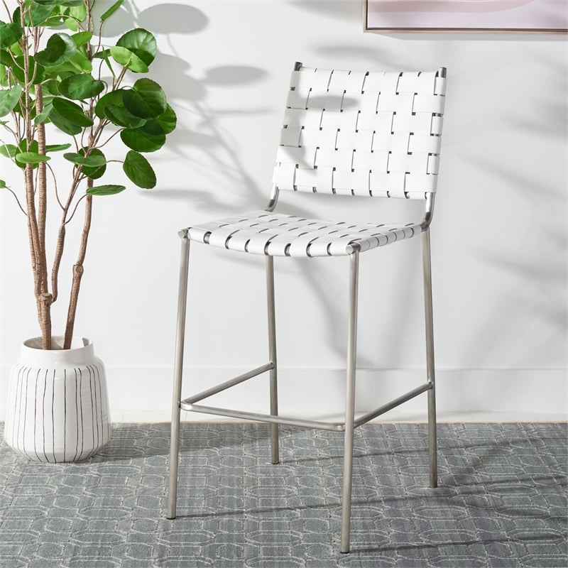 Safavieh Bahari Leather and Metal Woven Counter Stool in White / Silver