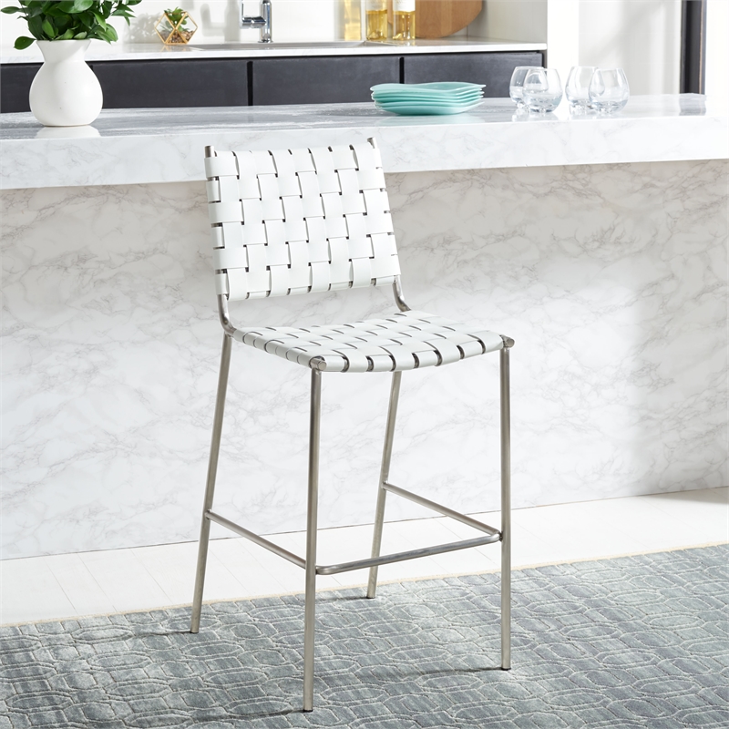 Safavieh Bahari Leather and Metal Woven Counter Stool in White / Silver