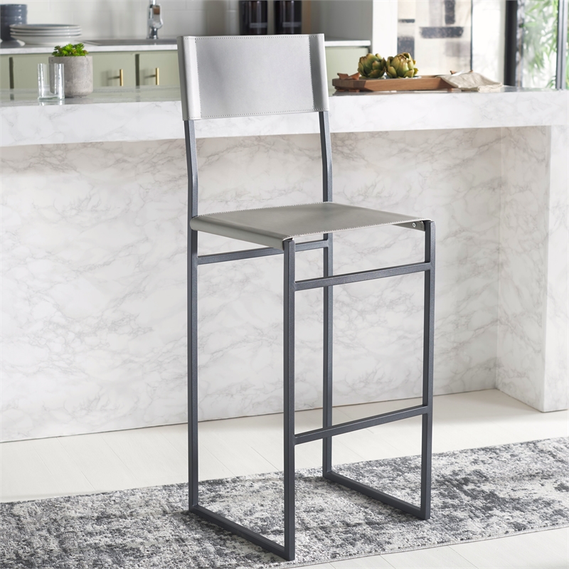 Safavieh Layne Iron and Leather Barstool in Light Gray /Black