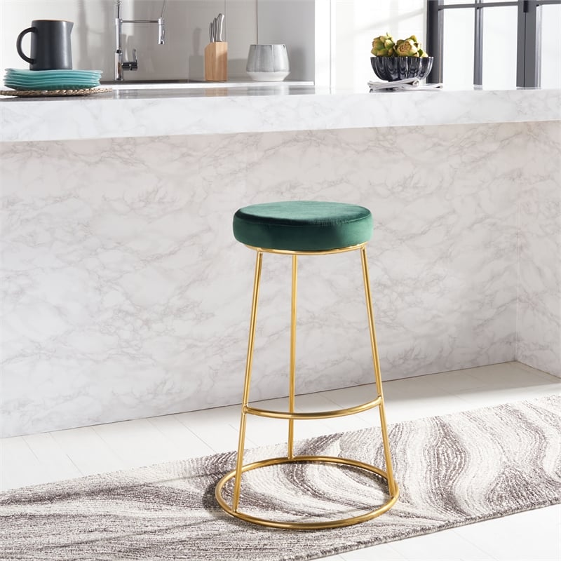 Safavieh Sabina Velvet and Wood Round Bar Stool in Green / Gold