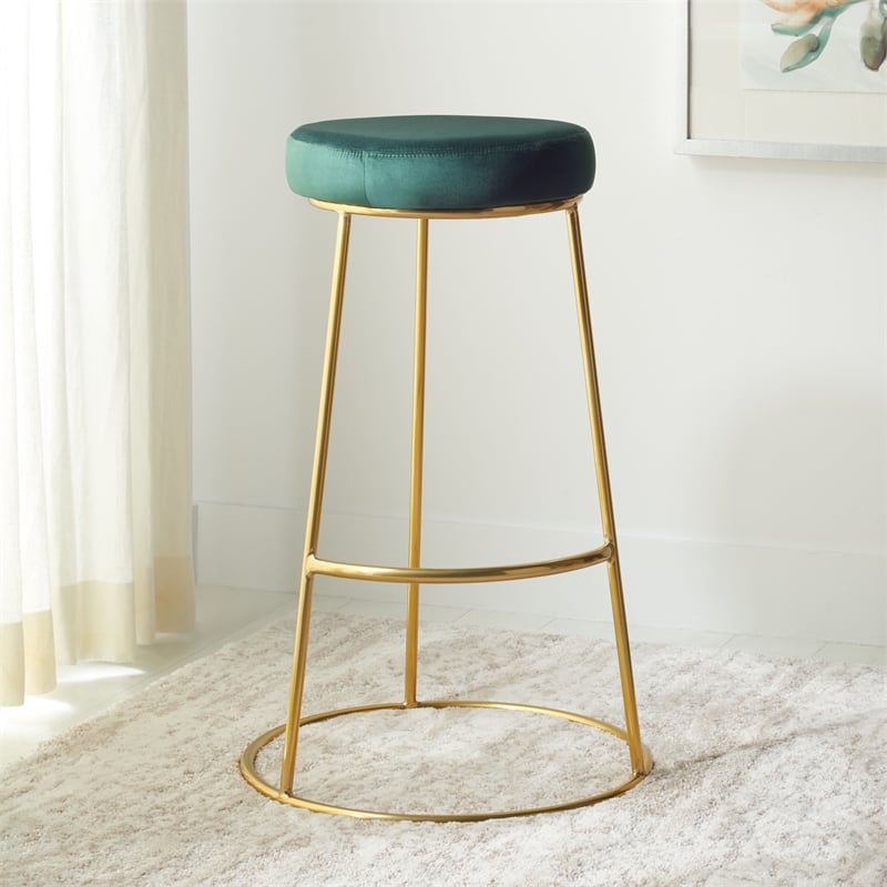 Safavieh Sabina Velvet and Wood Round Bar Stool in Green / Gold