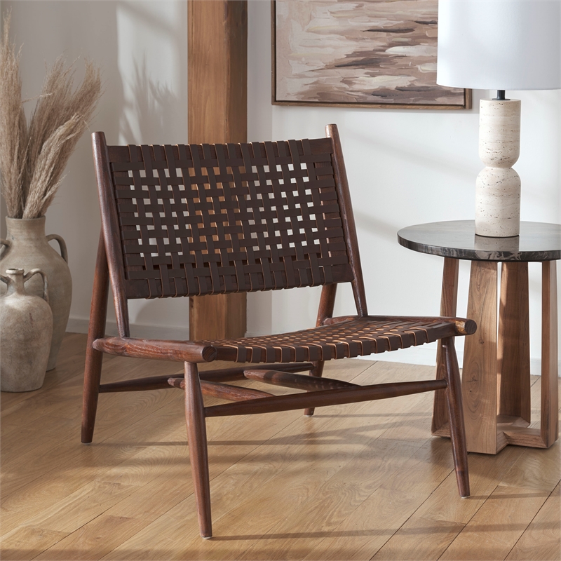 Safavieh Soleil Leather and Wood Accent Chair in Amber / Brown