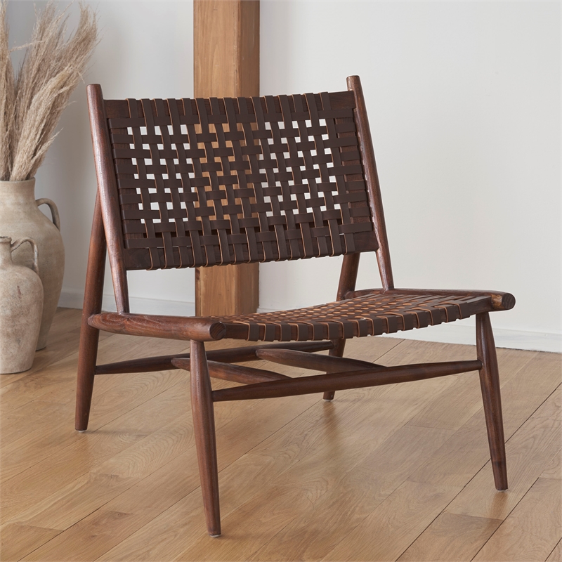 Safavieh Soleil Leather and Wood Accent Chair in Amber / Brown