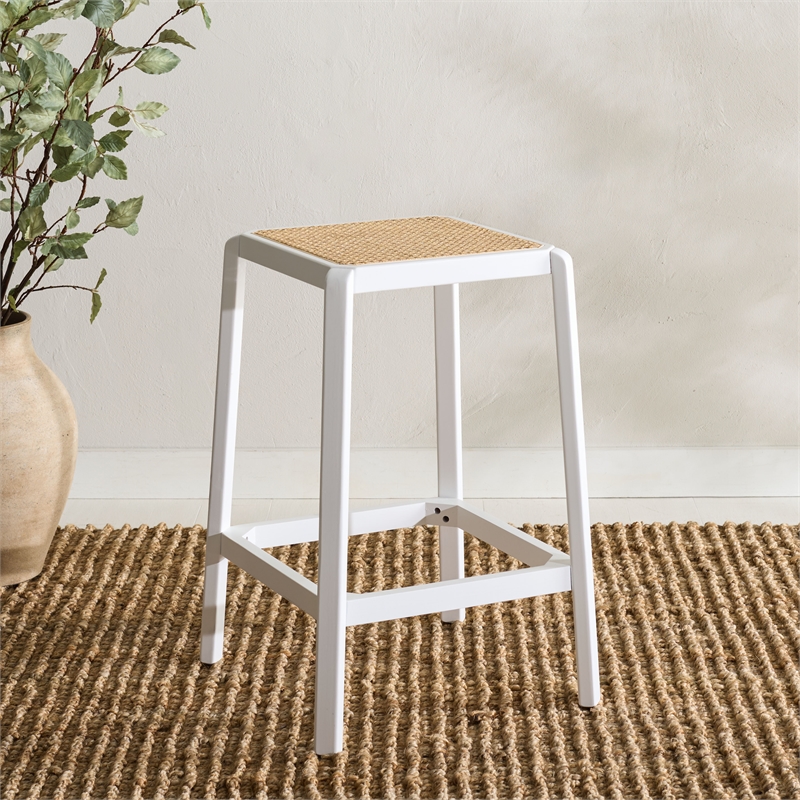 Safavieh Silus Wood Backless Cane Counter Stool in White / Natural