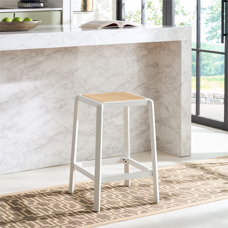 Safavieh Silus Wood Backless Cane Counter Stool in White / Natural