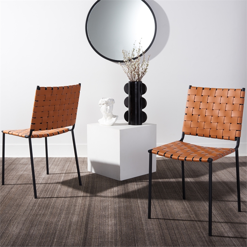 Safavieh Wesson Leather and Iron Woven Dining Chair in Amber / Black