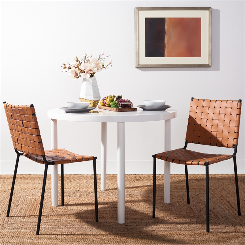 Safavieh Wesson Leather and Iron Woven Dining Chair in Amber / Black