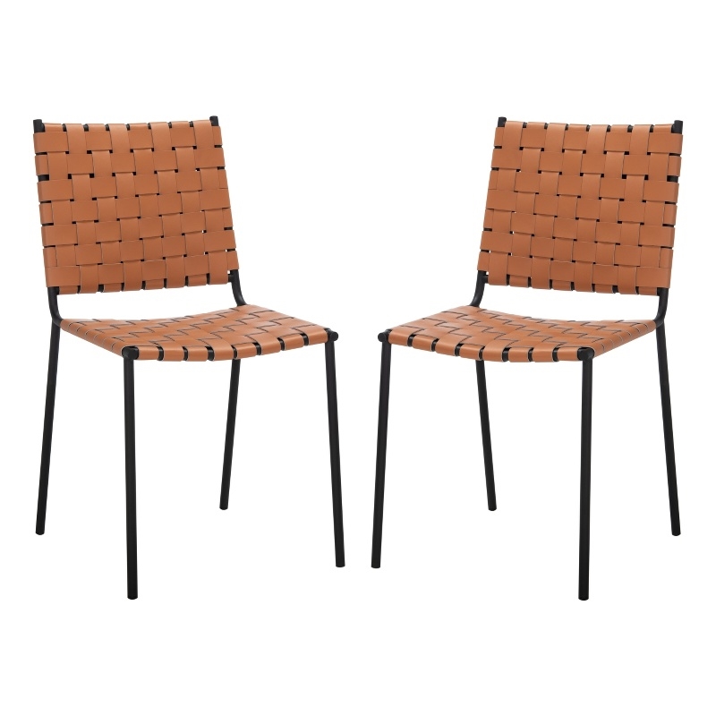 Safavieh Wesson Leather and Iron Woven Dining Chair in Amber / Black