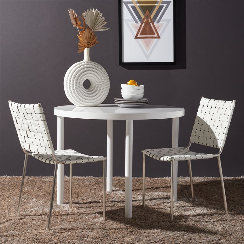 Safavieh Wesson Leather and Iron Woven Dining Chair in White / Silver
