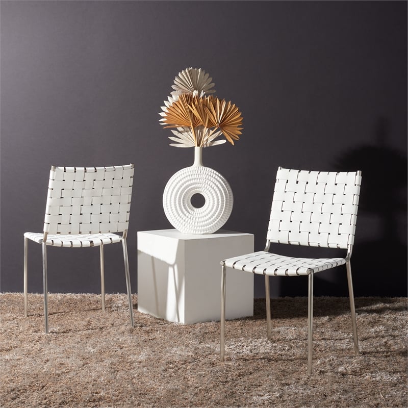 Safavieh Wesson Leather and Iron Woven Dining Chair in White / Silver