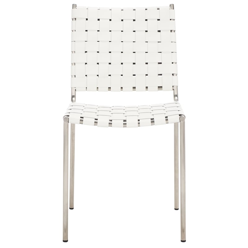 Safavieh Wesson Leather and Iron Woven Dining Chair in White / Silver