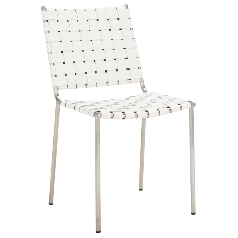 Safavieh Wesson Leather and Iron Woven Dining Chair in White / Silver