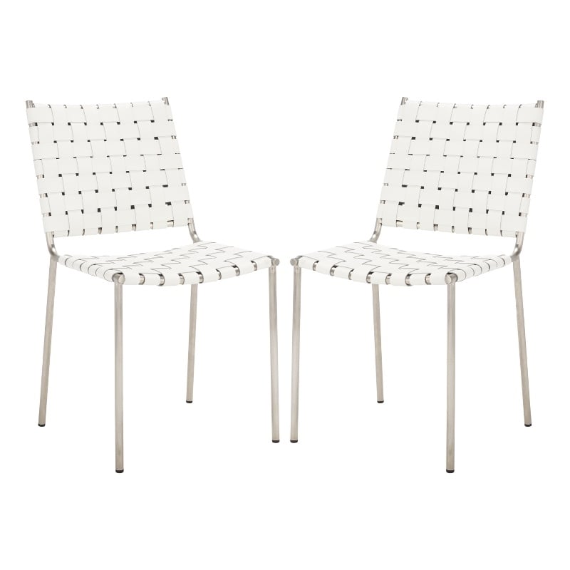 Safavieh Wesson Leather and Iron Woven Dining Chair in White / Silver