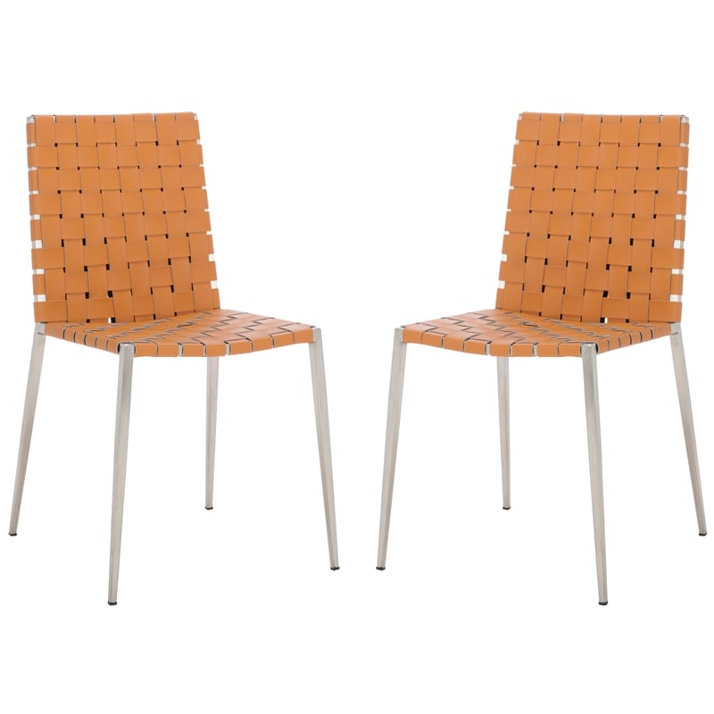 Safavieh Rayne Leather and Iron Woven Dining Chair in Amber / Silver