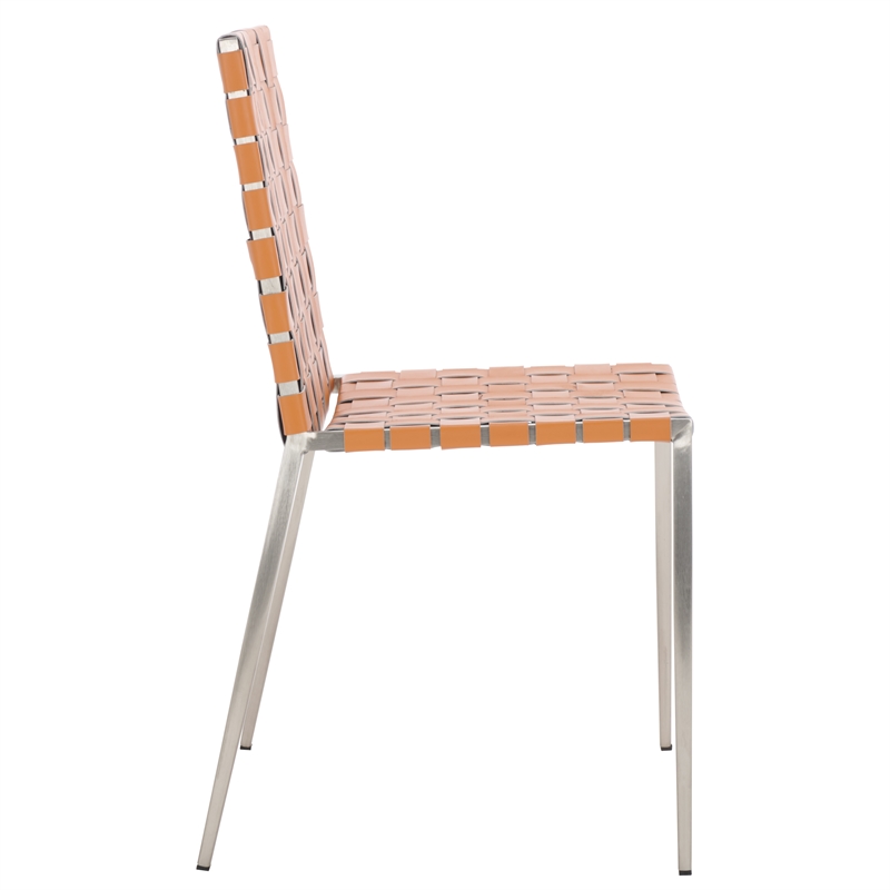 Safavieh Rayne Leather and Iron Woven Dining Chair in Amber / Silver