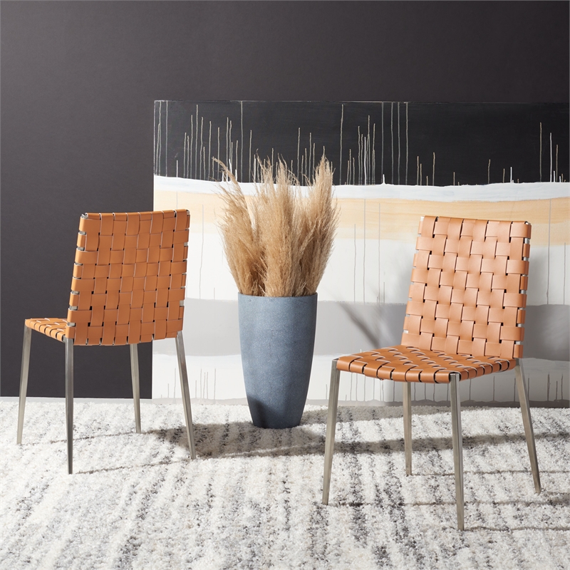 Safavieh Rayne Leather and Iron Woven Dining Chair in Amber / Silver