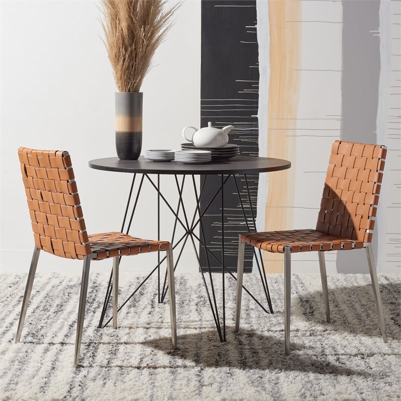 Safavieh Rayne Leather and Iron Woven Dining Chair in Amber / Silver