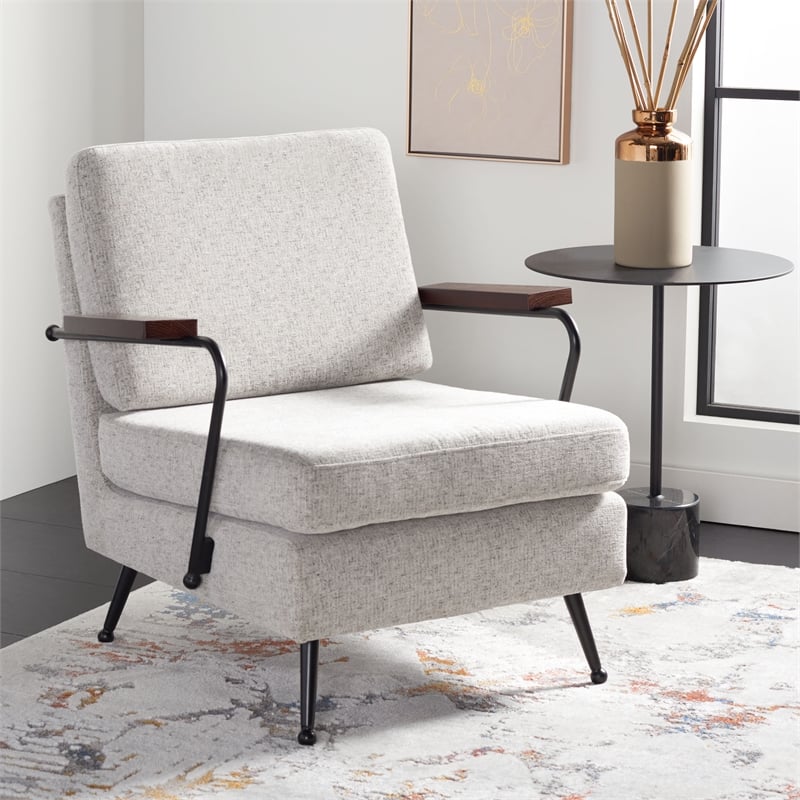 Safavieh Lohan Wood and Fabric Arm Chair in Light Gray / Gold