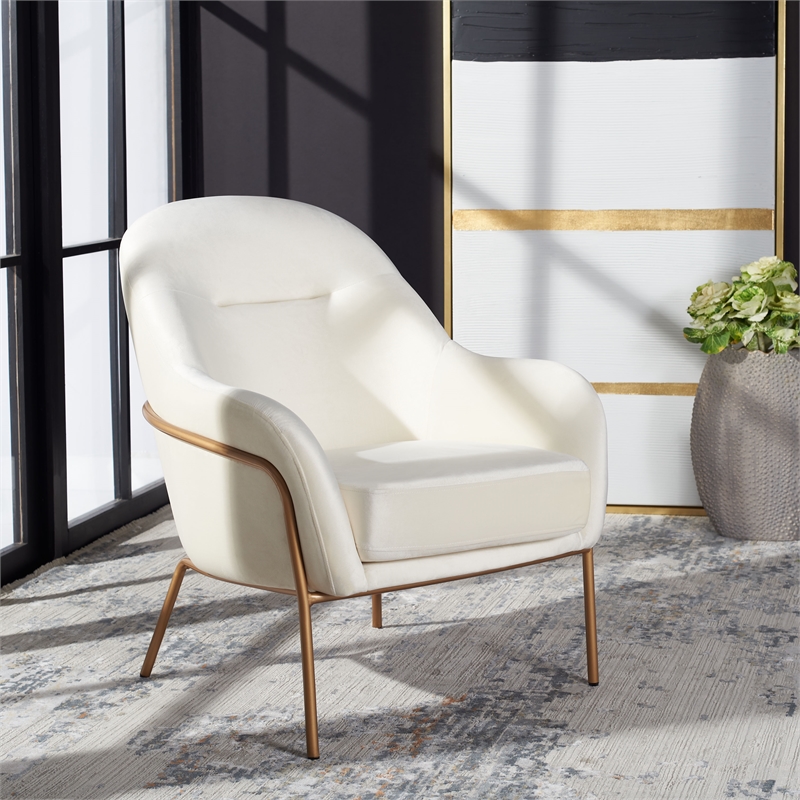 Safavieh Eleazer Velvet and Wood Accent Chair in Cream / Gold