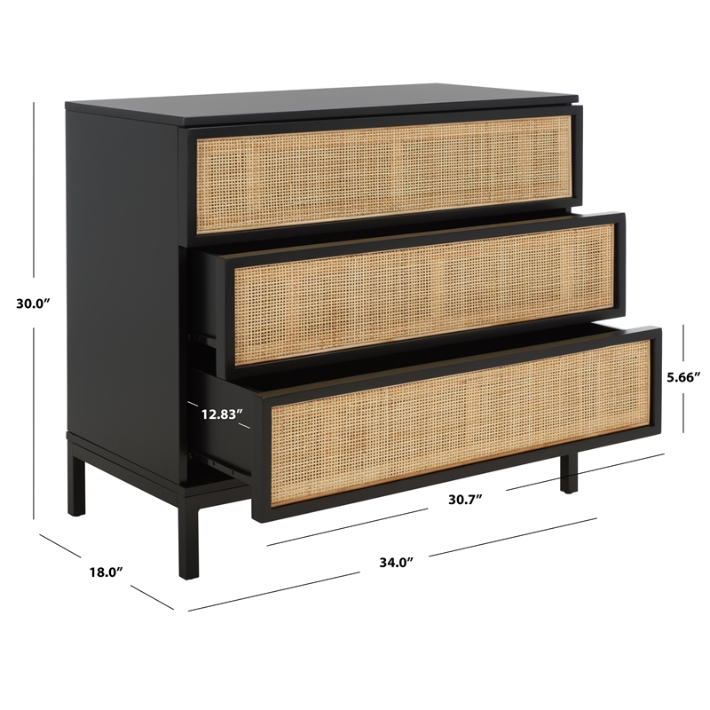 Safavieh Zadie Wood and Metal 3 Drawer Rattan Chest in Black / Natural