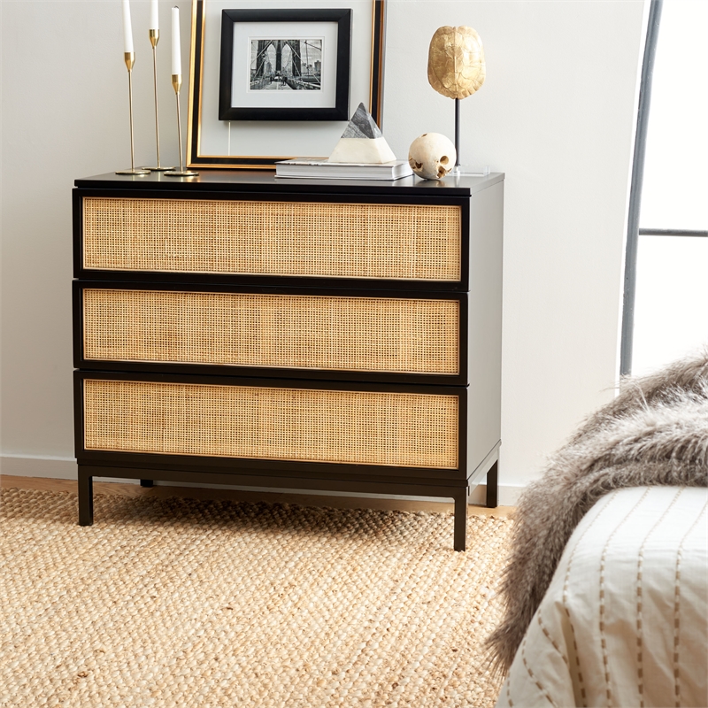 Safavieh Zadie Wood and Metal 3 Drawer Rattan Chest in Black / Natural