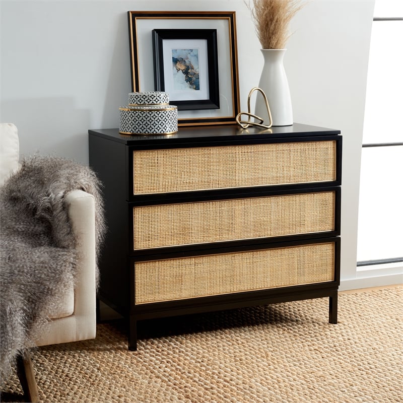 Safavieh Zadie Wood and Metal 3 Drawer Rattan Chest in Black / Natural